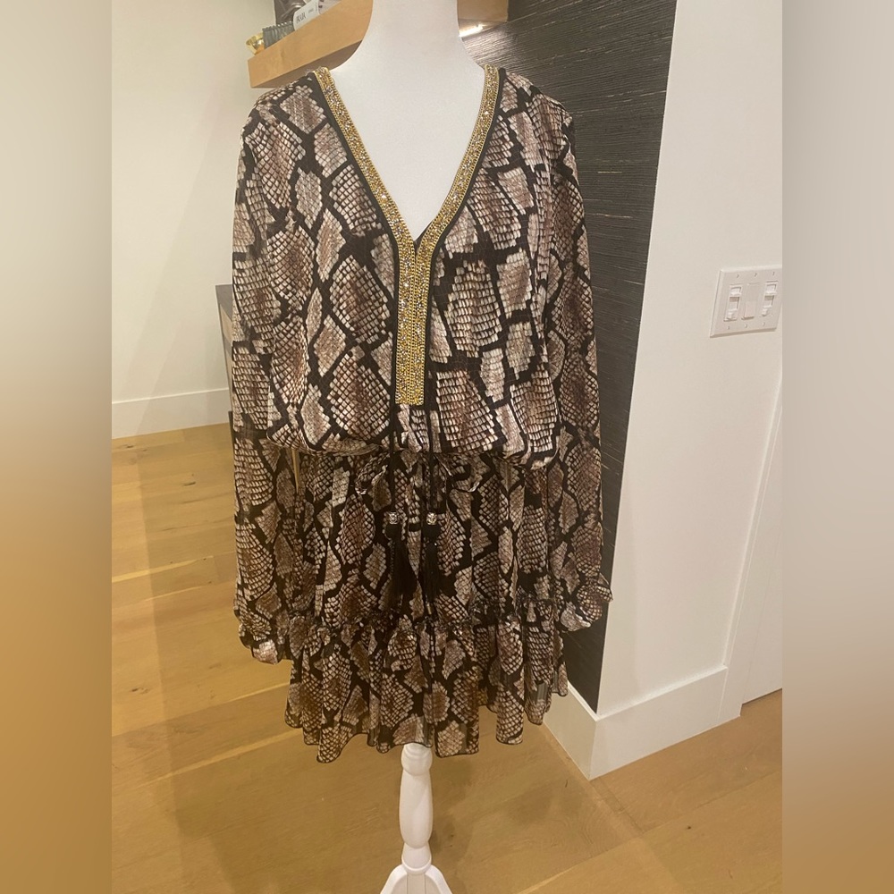 Casting France metallic snakeskin print dress w/gold detail & tie dropped waist